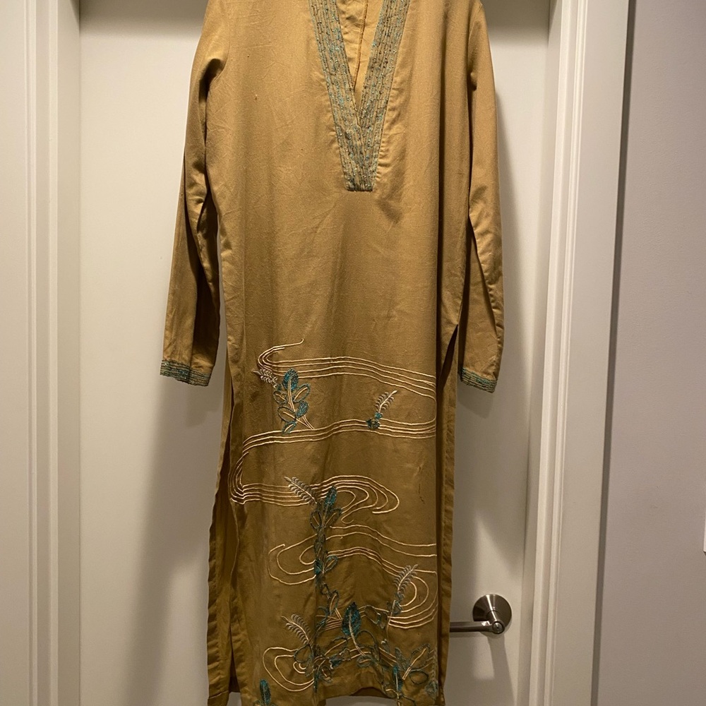 Elegant Tan Long SleeveVintage Dress with Embroidered Details